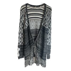 BKE Open Front Fringed Aztec Cardigan Women's L Sweater